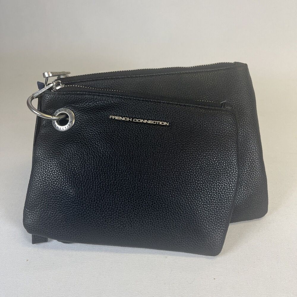 French Connection Lara Pebble Double Slim Pouches Wristlet Clutch Black NWT